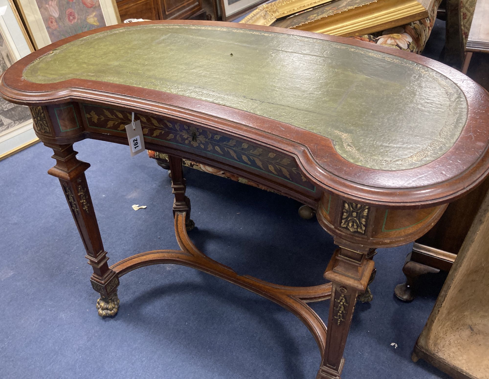 A late 19th century Dutch mahogany and floral marquetry kidney topped writing table, width 98cm, depth 56cm, height 74cm